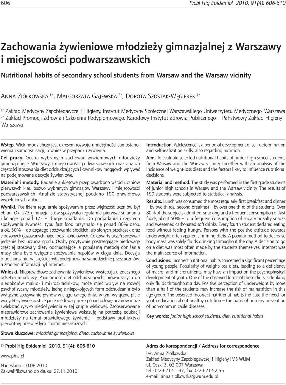 Warszawa 2/ Zakład Promocji Zdrowia i Szkolenia Podyplomowego, Narodowy Instytut Zdrowia Publicznego Państwowy Zakład Higieny, Warszawa Wstęp.