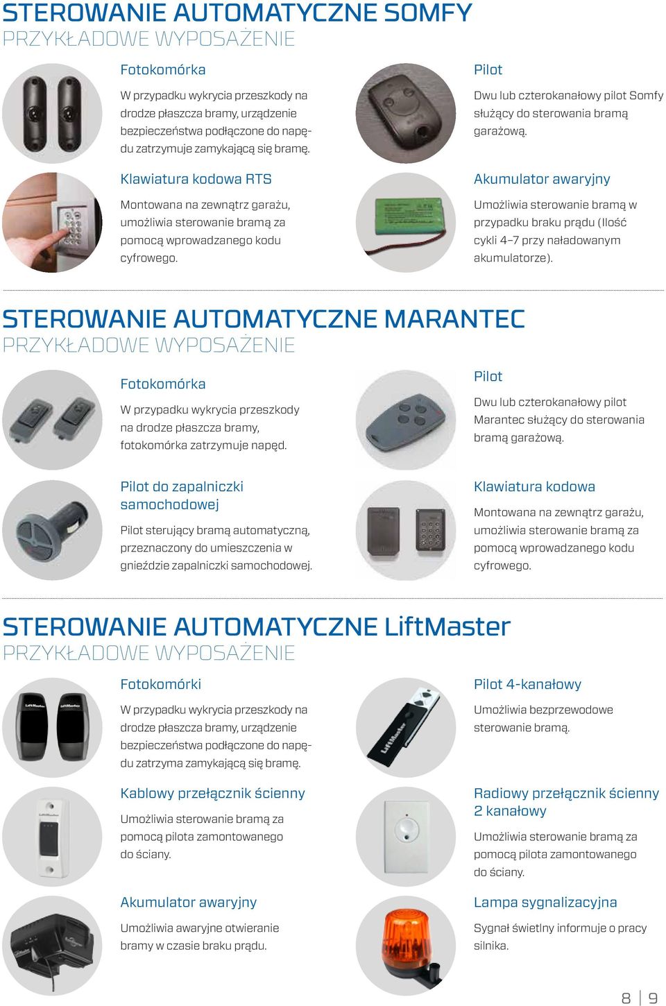 Pilot Dwu lub czterokanałowy pilot Somfy służący do sterowania bramą garażową. Akumulator awaryjny Umożliwia sterowanie bramą w przypadku braku prądu (Ilość cykli 4 7 przy naładowanym akumulatorze).