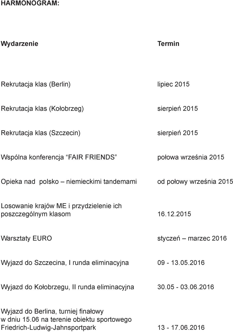 ich poszczególnym klasom 16.12.2015 Warsztaty EURO styczeń marzec 2016 Wyjazd do Szczecina, I runda eliminacyjna 09-13.05.