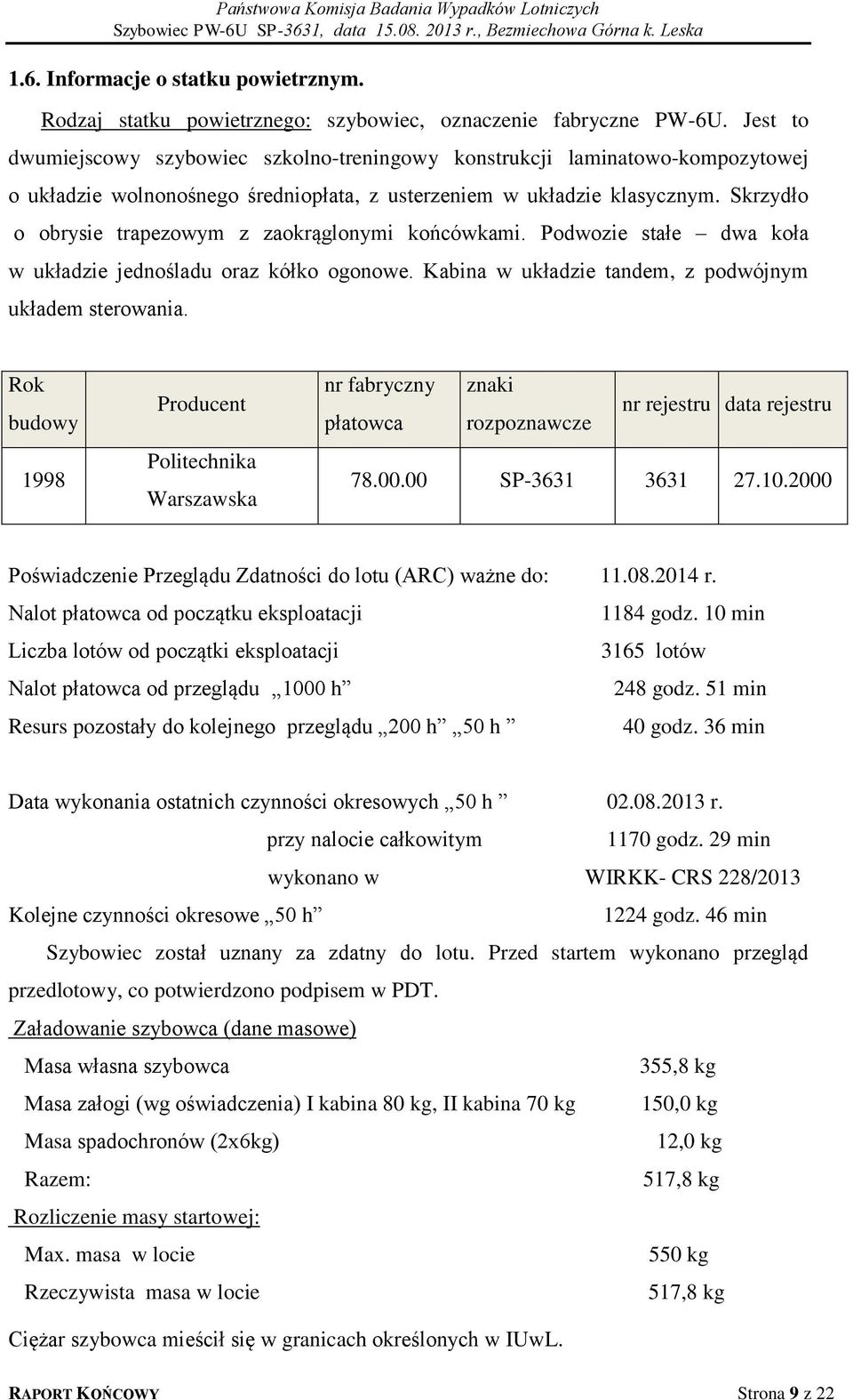 Skrzydło o obrysie trapezowym z zaokrąglonymi końcówkami. Podwozie stałe dwa koła w układzie jednośladu oraz kółko ogonowe. Kabina w układzie tandem, z podwójnym układem sterowania.