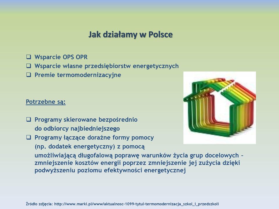dodatek energetyczny) z pomocą umożliwiającą długofalową poprawę warunków życia grup docelowych zmniejszenie kosztów energii poprzez