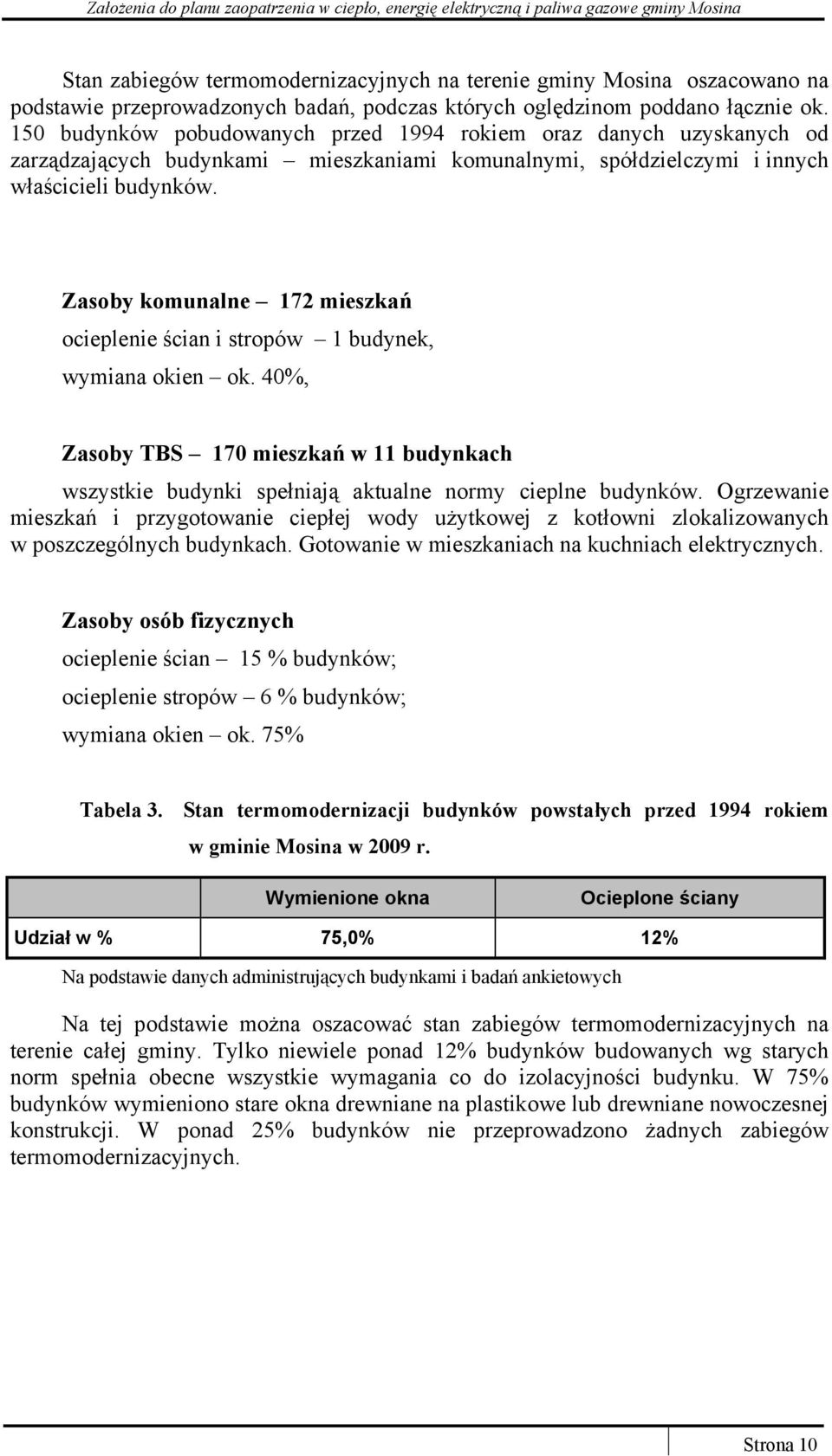 Zasoby komunalne 172 mieszkań ocieplenie ścian i stropów 1 budynek, wymiana okien ok. 40%, Zasoby TBS 170 mieszkań w 11 budynkach wszystkie budynki spełniają aktualne normy cieplne budynków.