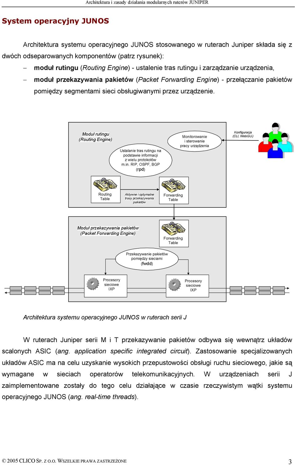 Architektura systemu operacyjnego JUNOS w ruterach serii J W ruterach Juniper serii M i T przekazywanie pakietüw odbywa się wewnątrz układüw scalonych ASIC (ang.