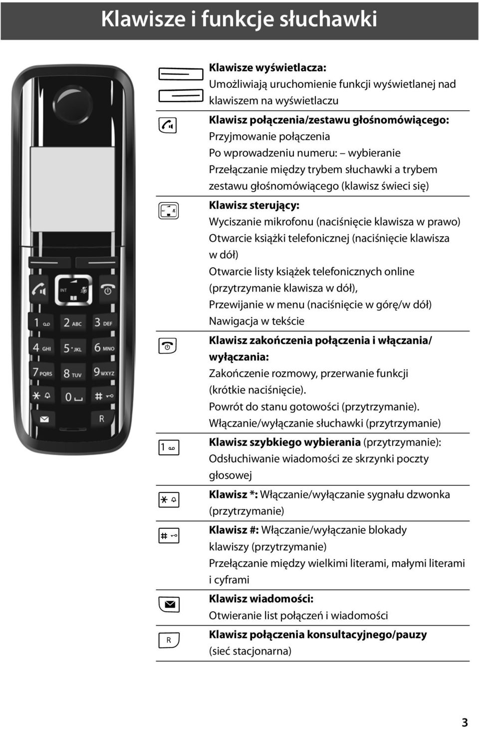 (naciśnięcie klawisza w prawo) Otwarcie książki telefonicznej (naciśnięcie klawisza wdół) Otwarcie listy książek telefonicznych online (przytrzymanie klawisza w dół), Przewijanie w menu (naciśnięcie