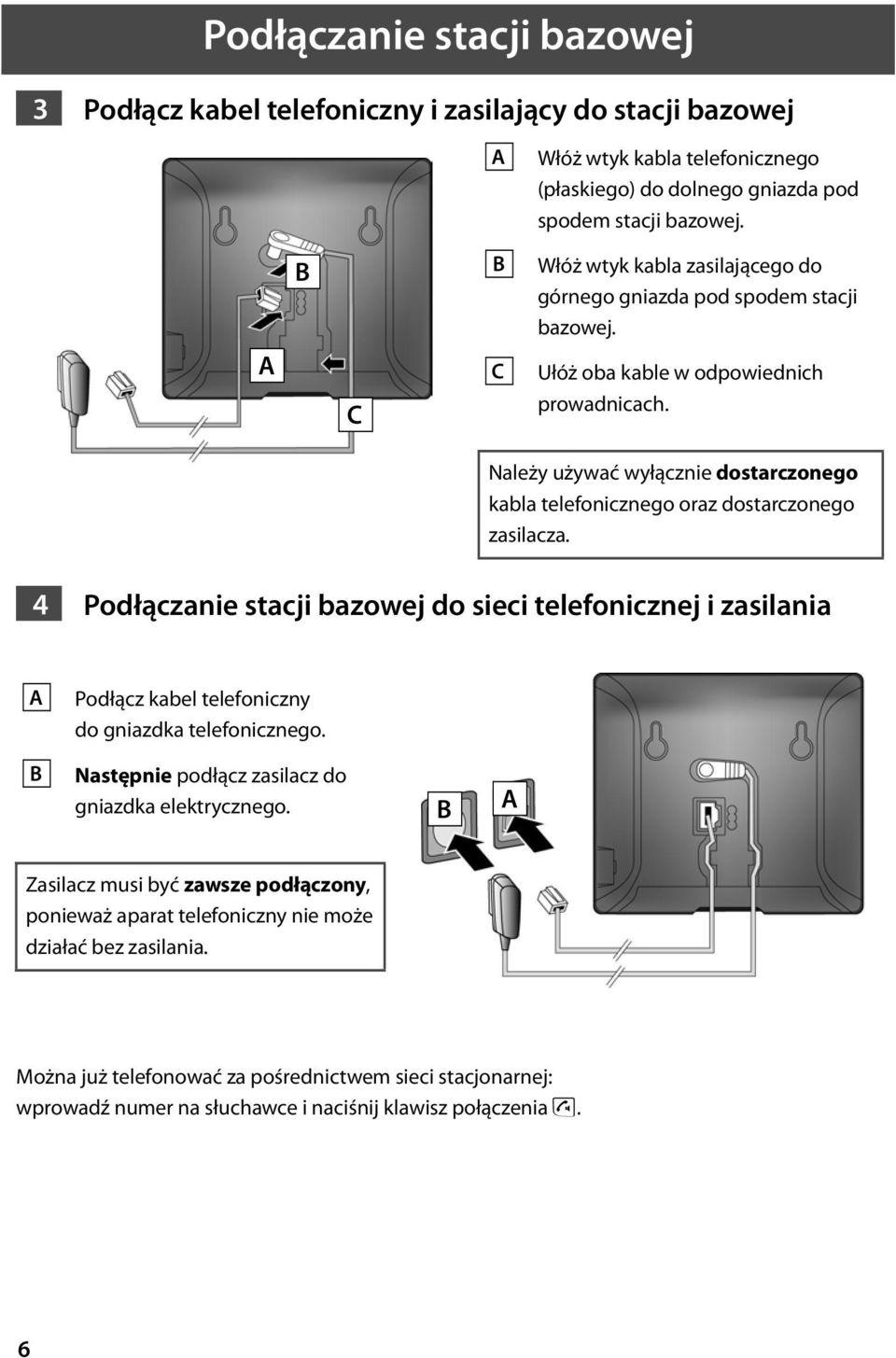 Należy używać wyłącznie dostarczonego kabla telefonicznego oraz dostarczonego zasilacza.