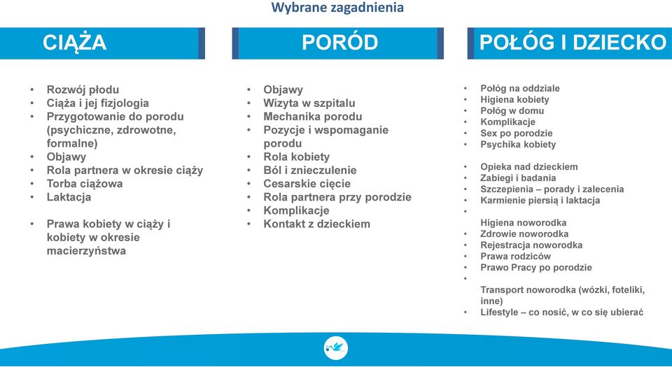 przy porodzie Komplikacje Kontakt z dzieckiem Połóg na oddziale Higiena kobiety Połóg w domu Komplikacje Sex po porodzie Psychika kobiety Opieka nad dzieckiem Zabiegi i badania Szczepienia porady i