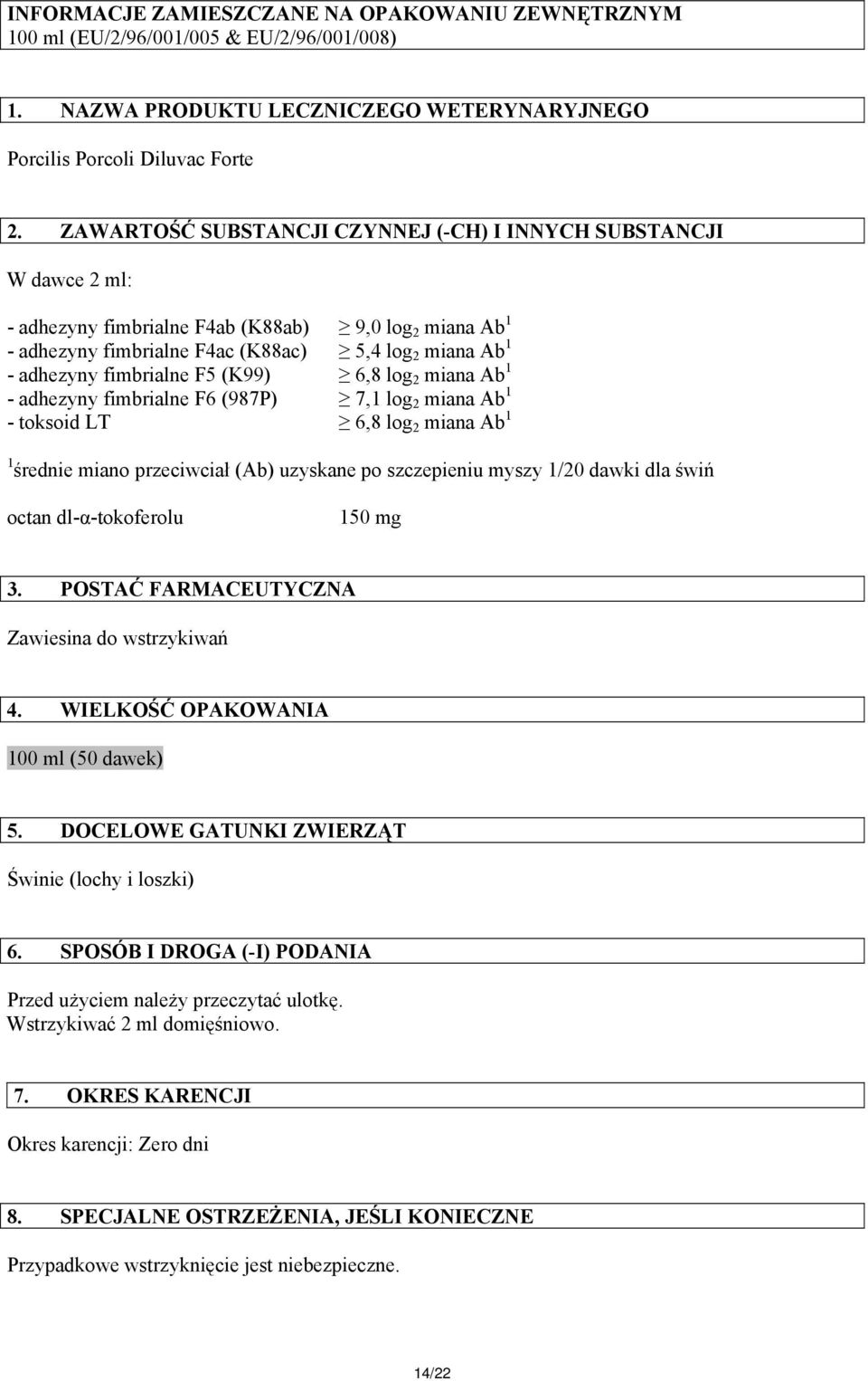 fimbrialne F5 (K99) 6,8 log 2 miana Ab 1 - adhezyny fimbrialne F6 (987P) 7,1 log 2 miana Ab 1 - toksoid LT 6,8 log 2 miana Ab 1 1 średnie miano przeciwciał (Ab) uzyskane po szczepieniu myszy 1/20