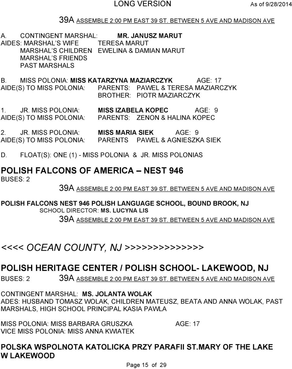 MISS POLONIA: MISS KATARZYNA MAZIARCZYK AGE: 17 AIDE(S) TO MISS POLONIA: PARENTS: PAWEL & TERESA MAZIARCZYK BROTHER: PIOTR MAZIARCZYK 1. JR.