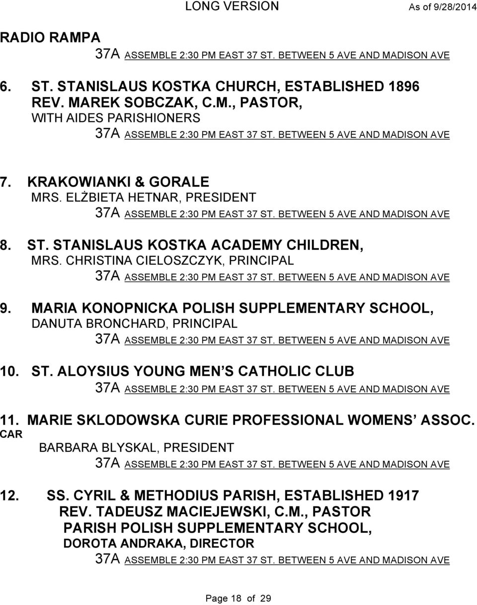 MARIA KONOPNICKA POLISH SUPPLEMENTARY SCHOOL, DANUTA BRONCHARD, PRINCIPAL 10. ST. ALOYSIUS YOUNG MEN S CATHOLIC CLUB 11.