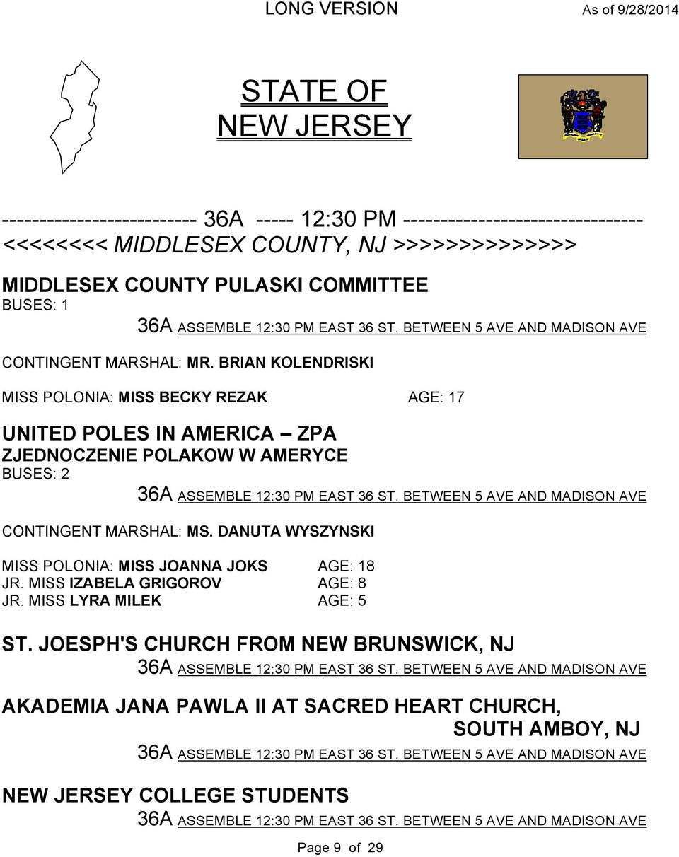 BRIAN KOLENDRISKI MISS POLONIA: MISS BECKY REZAK AGE: 17 UNITED POLES IN AMERICA ZPA ZJEDNOCZENIE POLAKOW W AMERYCE BUSES: 2 36A ASSEMBLE 12:30 PM EAST 36 ST.