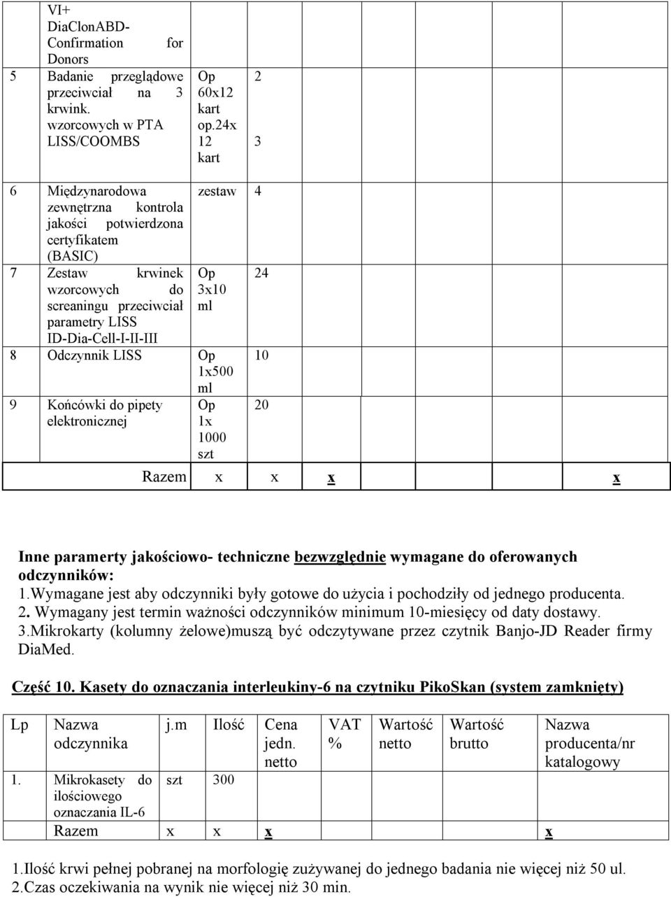 ID-Dia-Cell-I-II-III 8 Odczynnik LISS Op 1x500 ml 10 9 Końcówki do pipety elektronicznej Op 1x 1000 szt 20 Inne paramerty jakościowo- techniczne bezwzględnie wymagane do oferowanych odczynników: 1.