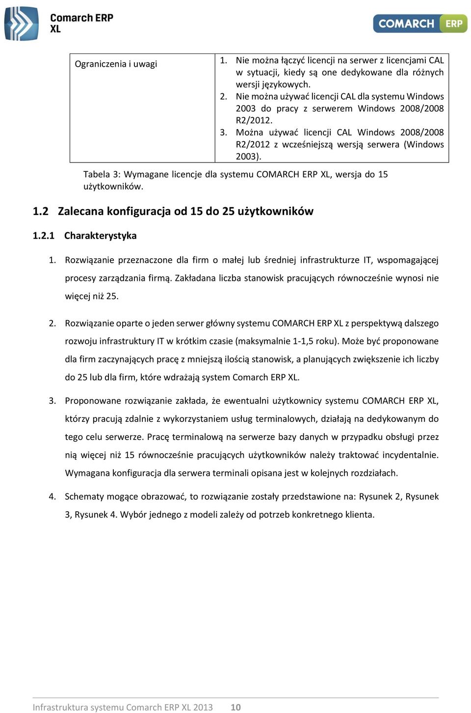 Można używać licencji CAL Windows 2008/2008 R2/2012 z wcześniejszą wersją serwera (Windows 2003). Tabela 3: Wymagane licencje dla systemu COMARCH ERP XL, wersja do 15