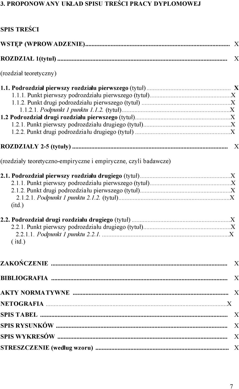 ..x 1.2.2. Punkt drugi podrozdziału drugiego (tytuł)...x ROZDZIAŁY 2-5 (tytuły)... X (rozdziały teoretyczno-empiryczne i empiryczne, czyli badawcze) 2.1. Podrozdział pierwszy rozdziału drugiego (tytuł).