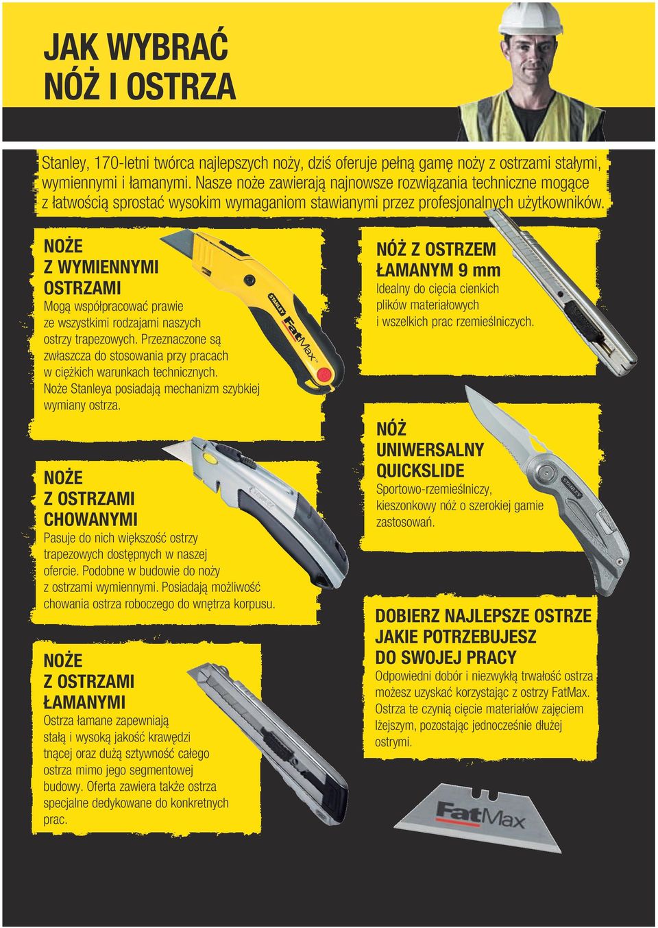 Noże z wymiennymi ostrzami Mogą współpracować prawie ze wszystkimi rodzajami naszych ostrzy trapezowych. Przeznaczone są zwłaszcza do stosowania przy pracach w ciężkich warunkach technicznych.