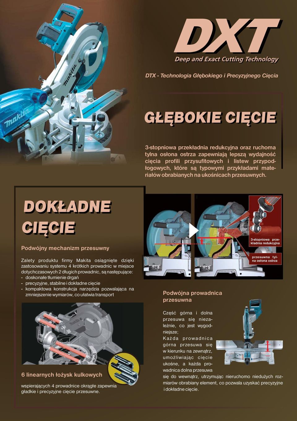 DOKŁADNE CIĘCIE Podwójny mechanizm przesuwny Zalety produktu firmy Makita osiągnięte dzięki zastosowaniu systemu 4 krótkich prowadnic w miejsce dotychczasowych 2 długich prowadnic, są następujące: -