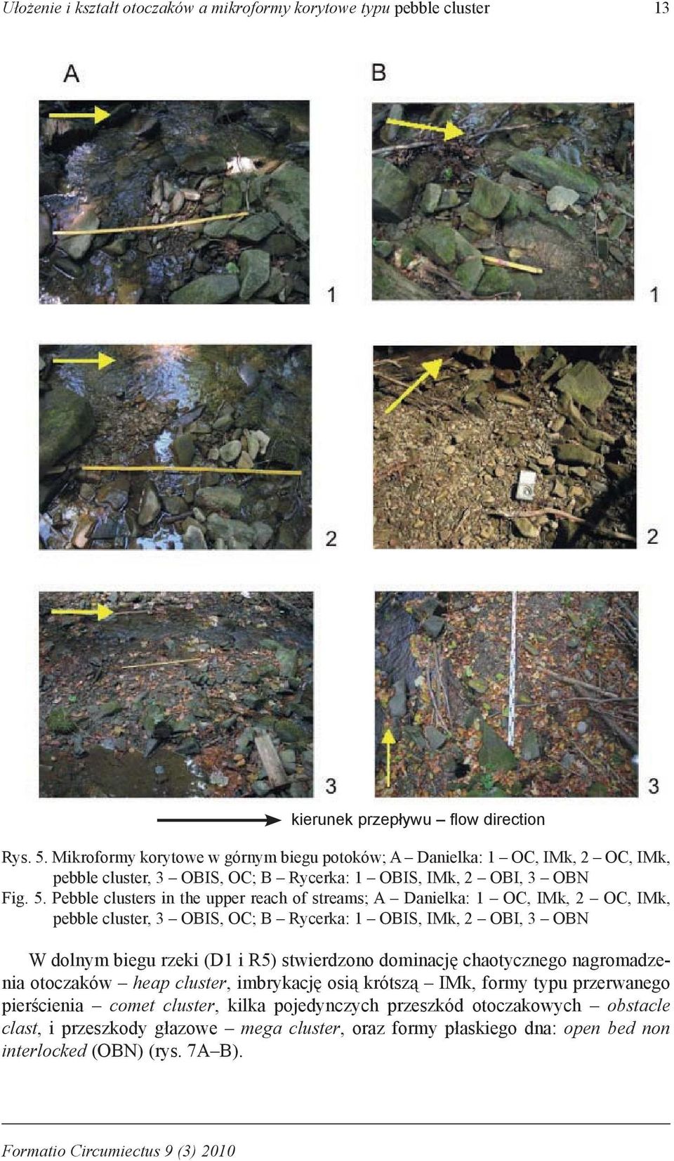Pebble clusters in the upper reach of streams; A Danielka: 1 OC, IMk, 2 OC, IMk, pebble cluster, 3 OBIS, OC; B Rycerka: 1 OBIS, IMk, 2 OBI, 3 OBN W dolnym biegu rzeki (D1 i R5) stwierdzono