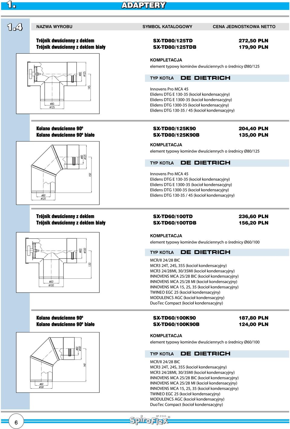 O SX-TD80/125K90 204,40 PLN Kolano dwuêcienne 90 O białe SX-TD80/125K90B 135,00 PLN element typowy kominów dwuściennych o średnicy Ø80/125 DE DIETRICH Innovens Pro MCA 45 Elidens DTG E 130-35 (kocioł