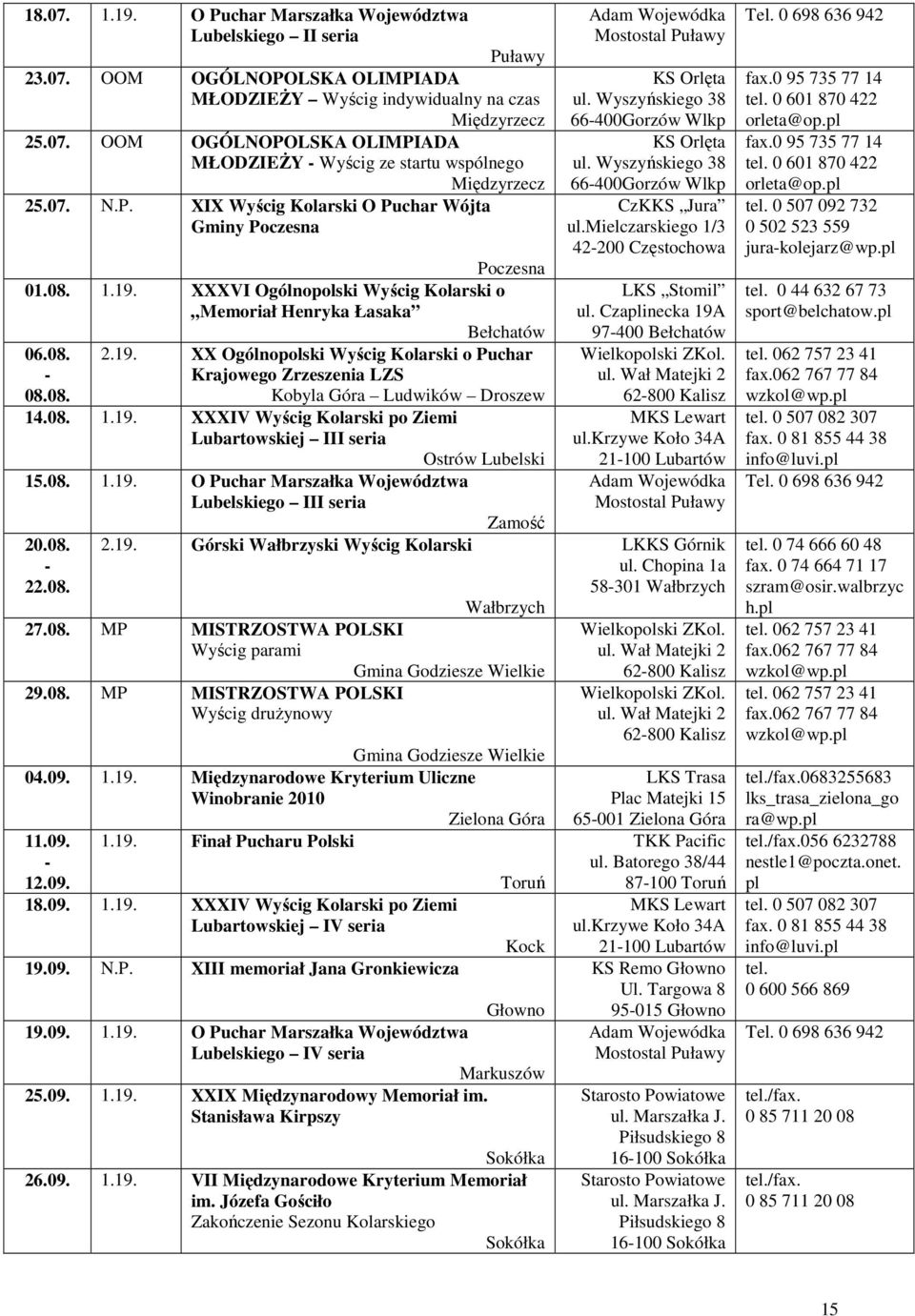 08. Kobyla Góra Ludwików Droszew 14.08. 1.19. XXXIV Wyścig Kolarski po Ziemi Lubartowskiej III seria 15.08. 1.19. O Puchar Marszałka Województwa Lubelskiego III seria 20.08. 22.08. 2.19. Górski Wałbrzyski Wyścig Kolarski 27.