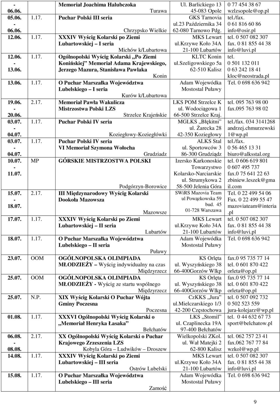 17. Memoriał Pawła Wakulicza Mistrzostwa Polski LZS Strzelce Krajeńskie 1.17. Puchar Polski IV seria KoziegłowyKoziegłówki 1.17. Puchar Polski IV seria VI Memoriał Szymona Wołocha Grudziadz MP GÓRSKIE MISTRZOSTWA POLSKI PodgórzynBorowice 2.