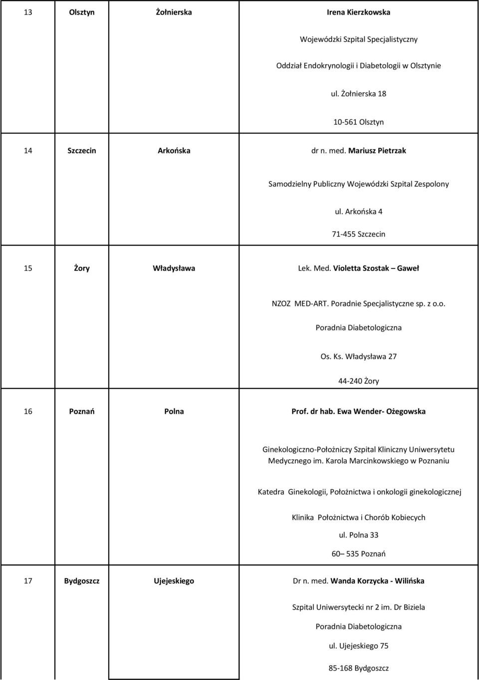 Ks. Władysława 27 44-240 Żory 16 Poznań Polna Prof. dr hab. Ewa Wender- Ożegowska Ginekologiczno-Położniczy Szpital Kliniczny Uniwersytetu Medycznego im.