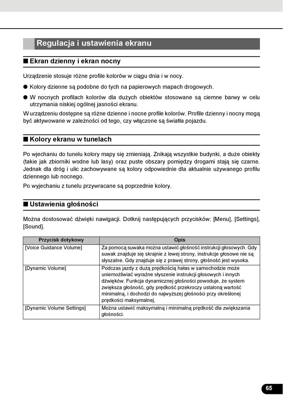 Profile dzienny i nocny mogą być aktywowane w zależności od tego, czy włączone są światła pojazdu. Kolory ekranu w tunelach Po wjechaniu do tunelu kolory mapy się zmieniają.