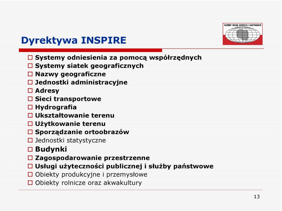 Użytkowanie terenu Sporządzanie ortoobrazów Jednostki statystyczne Budynki Zagospodarowanie przestrzenne