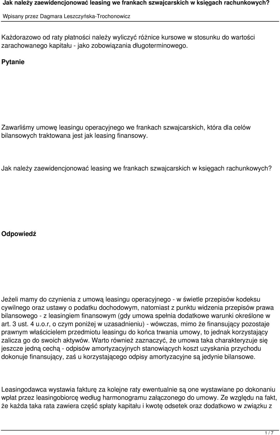 Jak należy zaewidencjonować leasing we frankach szwajcarskich w księgach rachunkowych?