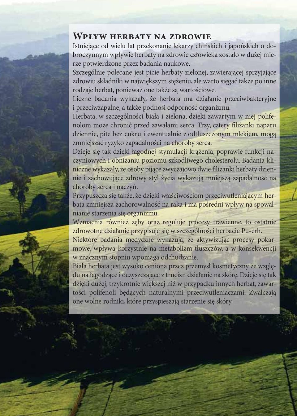 Szczególnie polecane jest picie herbaty zielonej, zawierającej sprzyjające zdrowiu składniki w największym stężeniu, ale warto sięgać także po inne rodzaje herbat, ponieważ one także są wartościowe.
