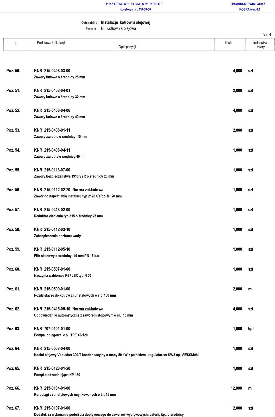 KNR 215-0408-04-11 1,000 szt Zawory zwrotne o średnicy 40 mm Poz. 55. KNR 215-0113-07-00 1,000 szt Zawory bezpieczeństwa 1915 SYR o średnicy 20 mm Poz. 56.