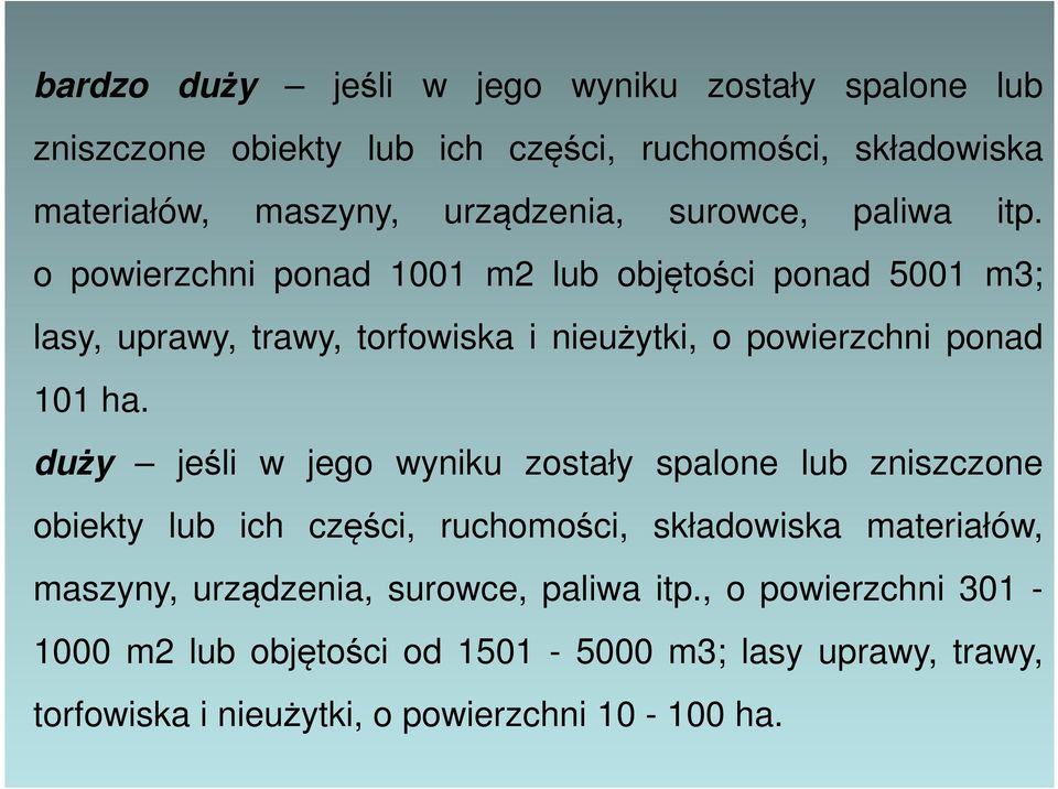 o powierzchni ponad 1001 m2 lub objętości ponad 5001 m3; lasy, uprawy, trawy, torfowiska i nieużytki, o powierzchni ponad 101 ha.