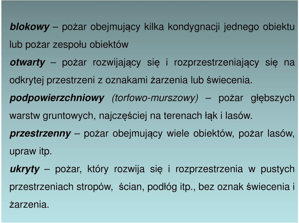 podpowierzchniowy (torfowo-murszowy) pożar głębszych warstw gruntowych, najczęściej na terenach łąk i lasów.