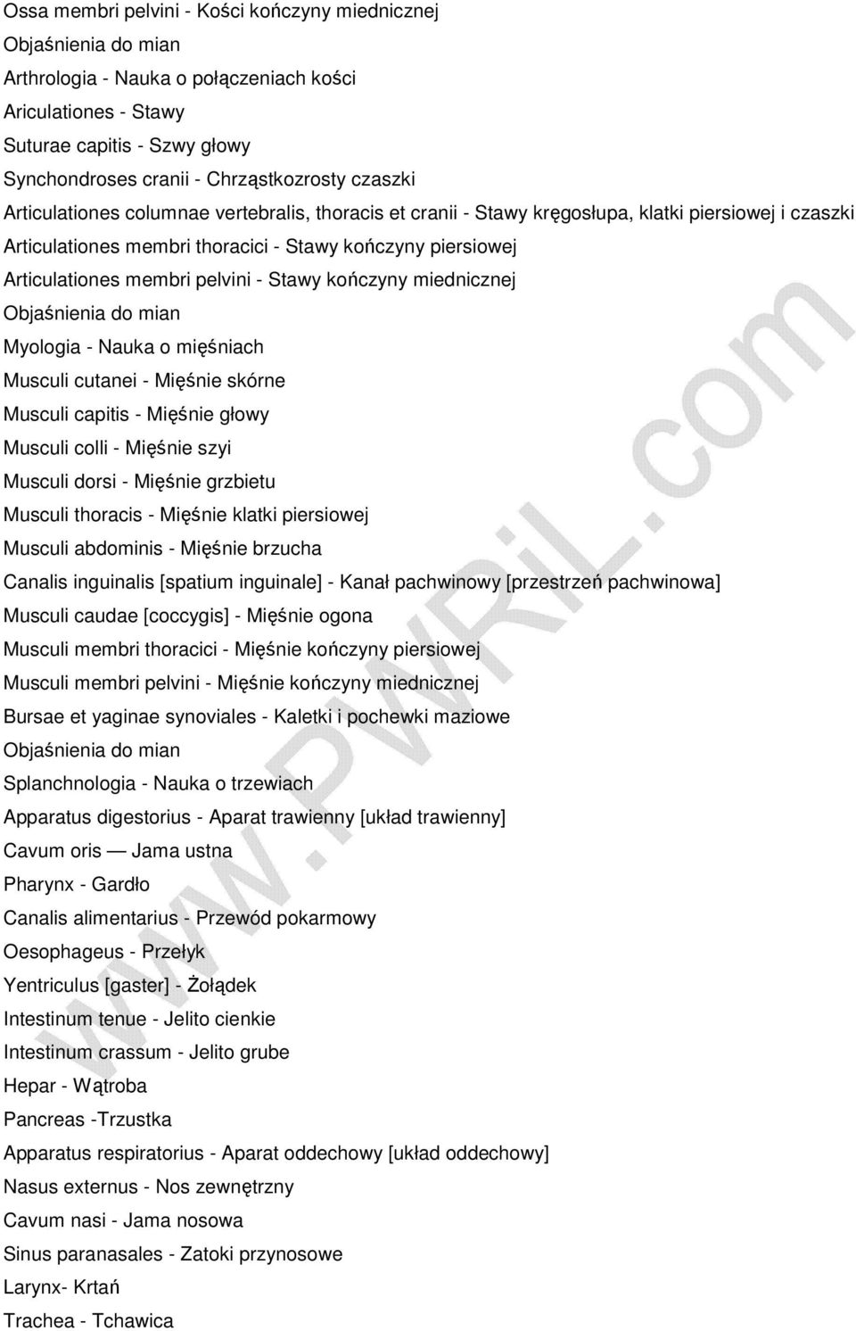 Stawy kończyny miednicznej Myologia - Nauka o mięśniach Musculi cutanei - Mięśnie skórne Musculi capitis - Mięśnie głowy Musculi colli - Mięśnie szyi Musculi dorsi - Mięśnie grzbietu Musculi thoracis