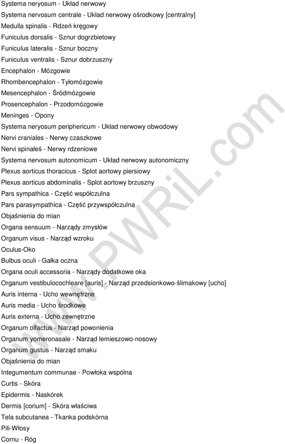 periphericum - Układ nerwowy obwodowy Nervi craniales - Nerwy czaszkowe Nervi spinałeś - Nerwy rdzeniowe Systema nervosum autonomicum - Układ nerwowy autonomiczny Plexus aorticus thoracicus - Splot