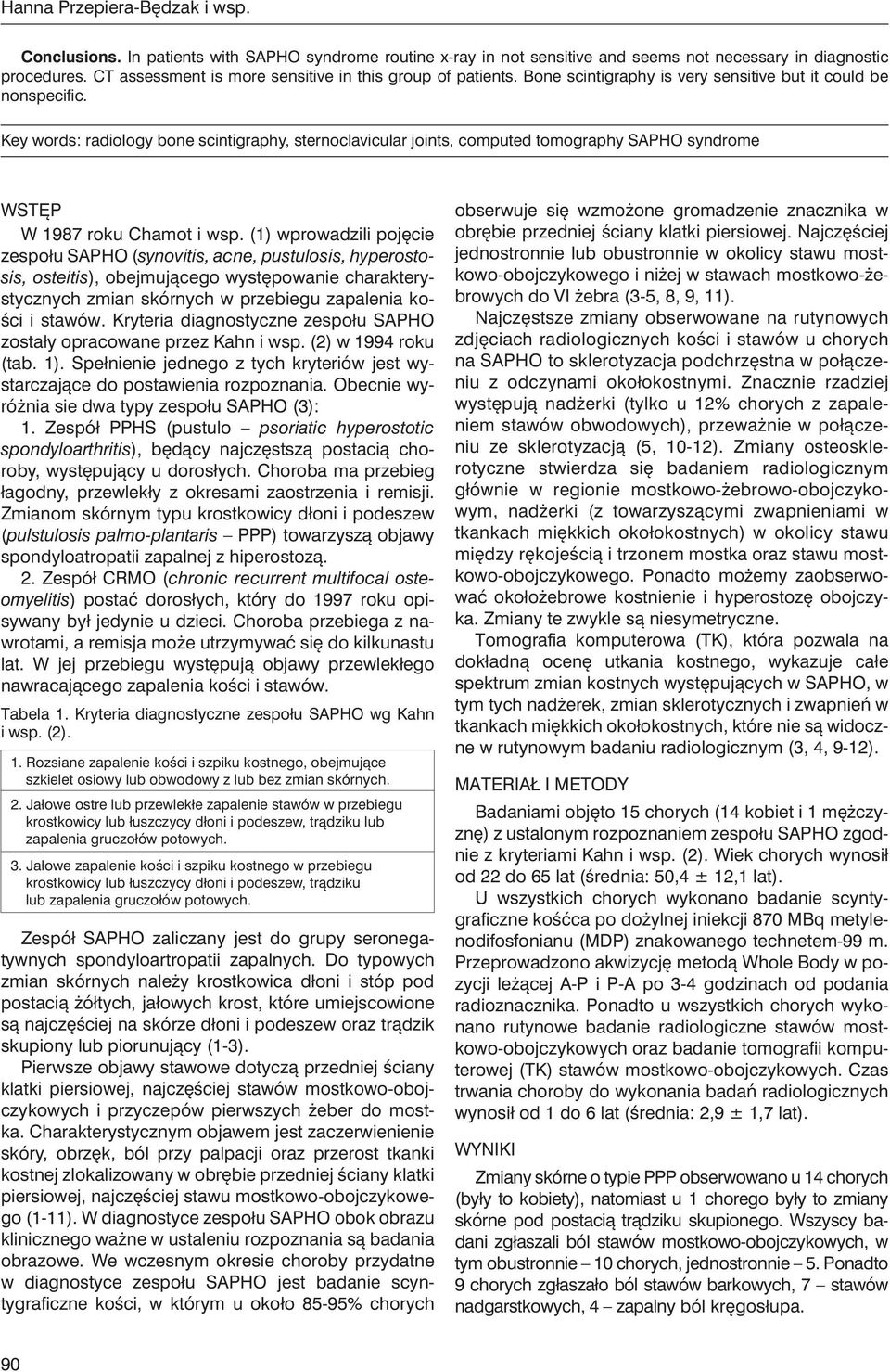 Key words: radiology bone scintigraphy, sternoclavicular joints, computed tomography SAPHO syndrome Wstęp W 1987 roku Chamot i wsp.