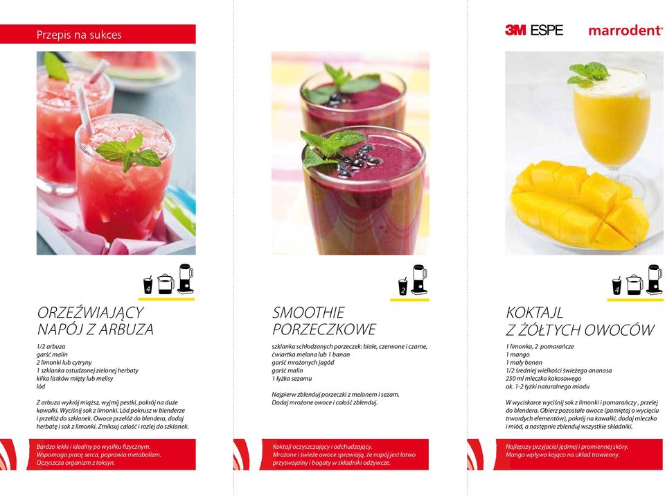 4 smoothie porzeczkowe szklanka schłodzonych porzeczek: białe, czerwone i czarne, ćwiartka melona lub 1 banan garść mrożonych jagód garść malin 1 łyżka sezamu Najpierw zblenduj porzeczki z melonem i