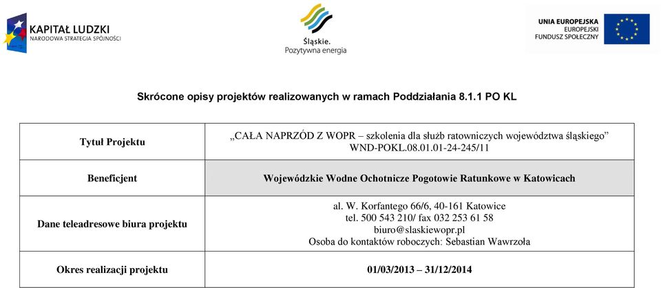 01-24-245/11 Beneficjent Dane teleadresowe biura projektu Wojewódzkie Wodne Ochotnicze Pogotowie Ratunkowe w Katowicach al.