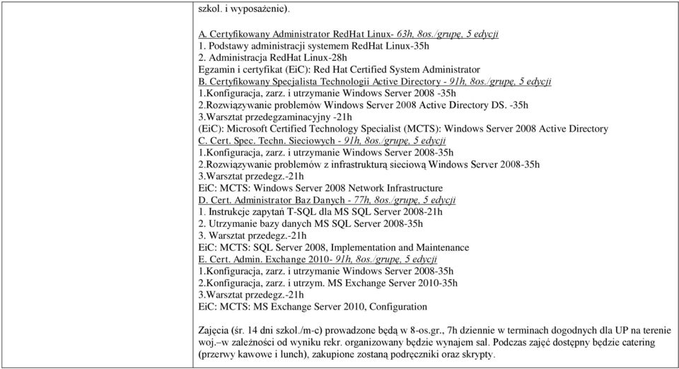 Konfiguracja, zarz. i utrzymanie Windows Server 2008-35h 2.Rozwiązywanie problemów Windows Server 2008 Active Directory DS. -35h 3.
