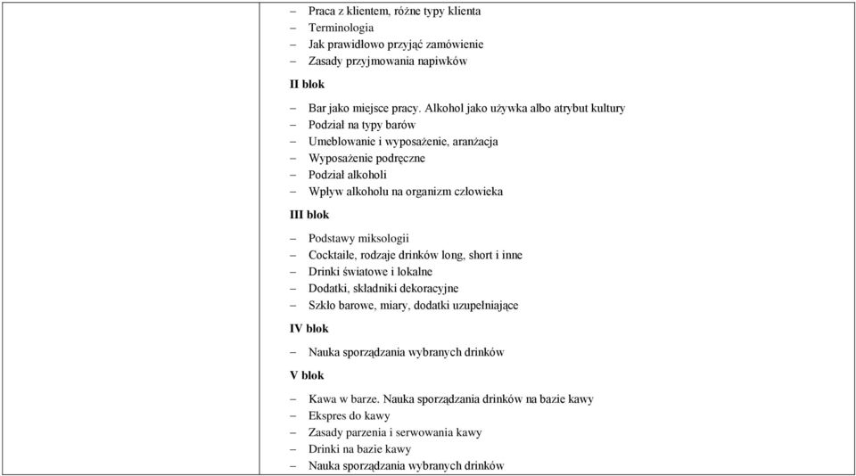 III blok Podstawy miksologii Cocktaile, rodzaje drinków long, short i inne Drinki światowe i lokalne Dodatki, składniki dekoracyjne Szkło barowe, miary, dodatki uzupełniające IV