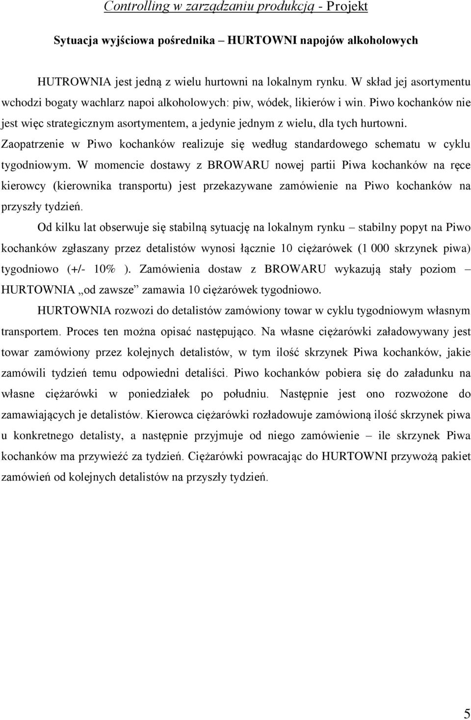 Zaopatrzenie w Piwo kochanków realizuje się według standardowego schematu w cyklu tygodniowym.