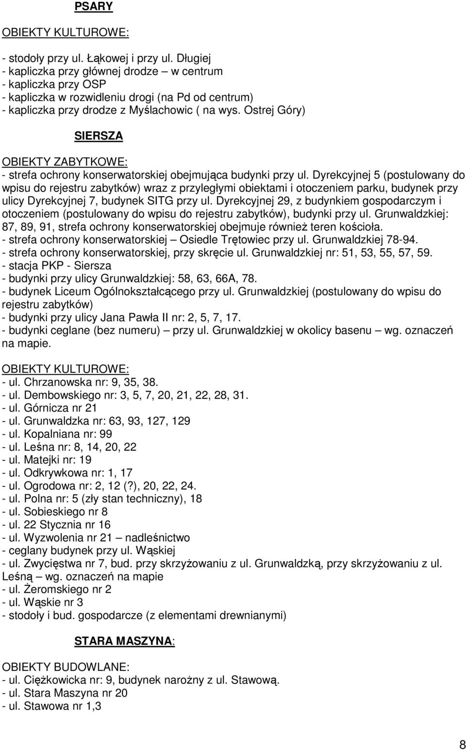 Ostrej Góry) SIERSZA - strefa ochrony konserwatorskiej obejmująca budynki przy ul.