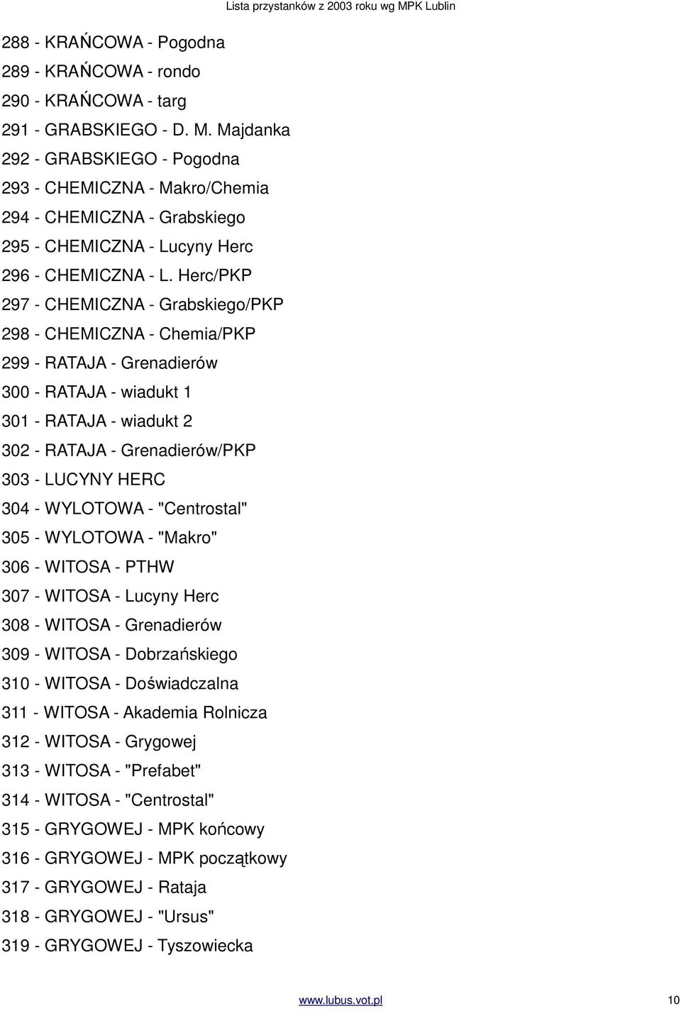 Herc/PKP 297 - CHEMICZNA - Grabskiego/PKP 298 - CHEMICZNA - Chemia/PKP 299 - RATAJA - Grenadierów 300 - RATAJA - wiadukt 1 301 - RATAJA - wiadukt 2 302 - RATAJA - Grenadierów/PKP 303 - LUCYNY HERC