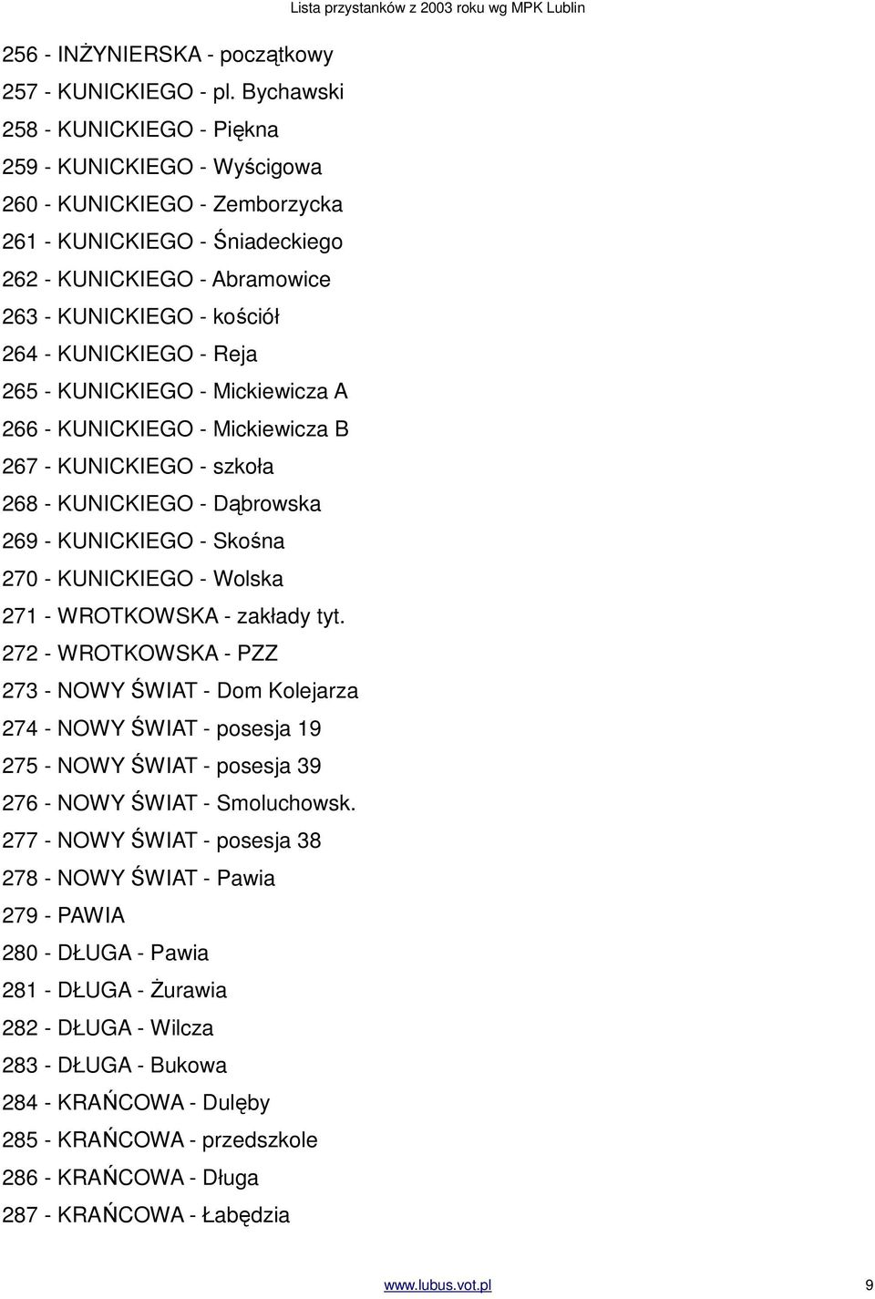 KUNICKIEGO - Reja 265 - KUNICKIEGO - Mickiewicza A 266 - KUNICKIEGO - Mickiewicza B 267 - KUNICKIEGO - szkoła 268 - KUNICKIEGO - Dąbrowska 269 - KUNICKIEGO - Skośna 270 - KUNICKIEGO - Wolska 271 -