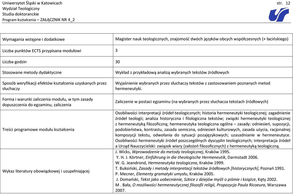 Treści programowe modułu kształcenia Wykaz literatury obowiązkowej i uzupełniającej Wykład z przykładową analizą wybranych tekstów źródłowych Wyjaśnienie wybranych przez słuchaczy tekstów z