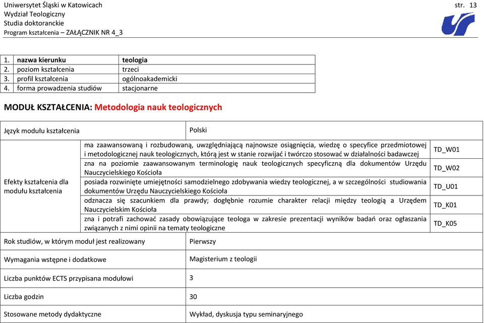 realizowany ma zaawansowaną i rozbudowaną, uwzględniającą najnowsze osiągnięcia, wiedzę o specyfice przedmiotowej i metodologicznej nauk teologicznych, którą jest w stanie rozwijać i twórczo stosować