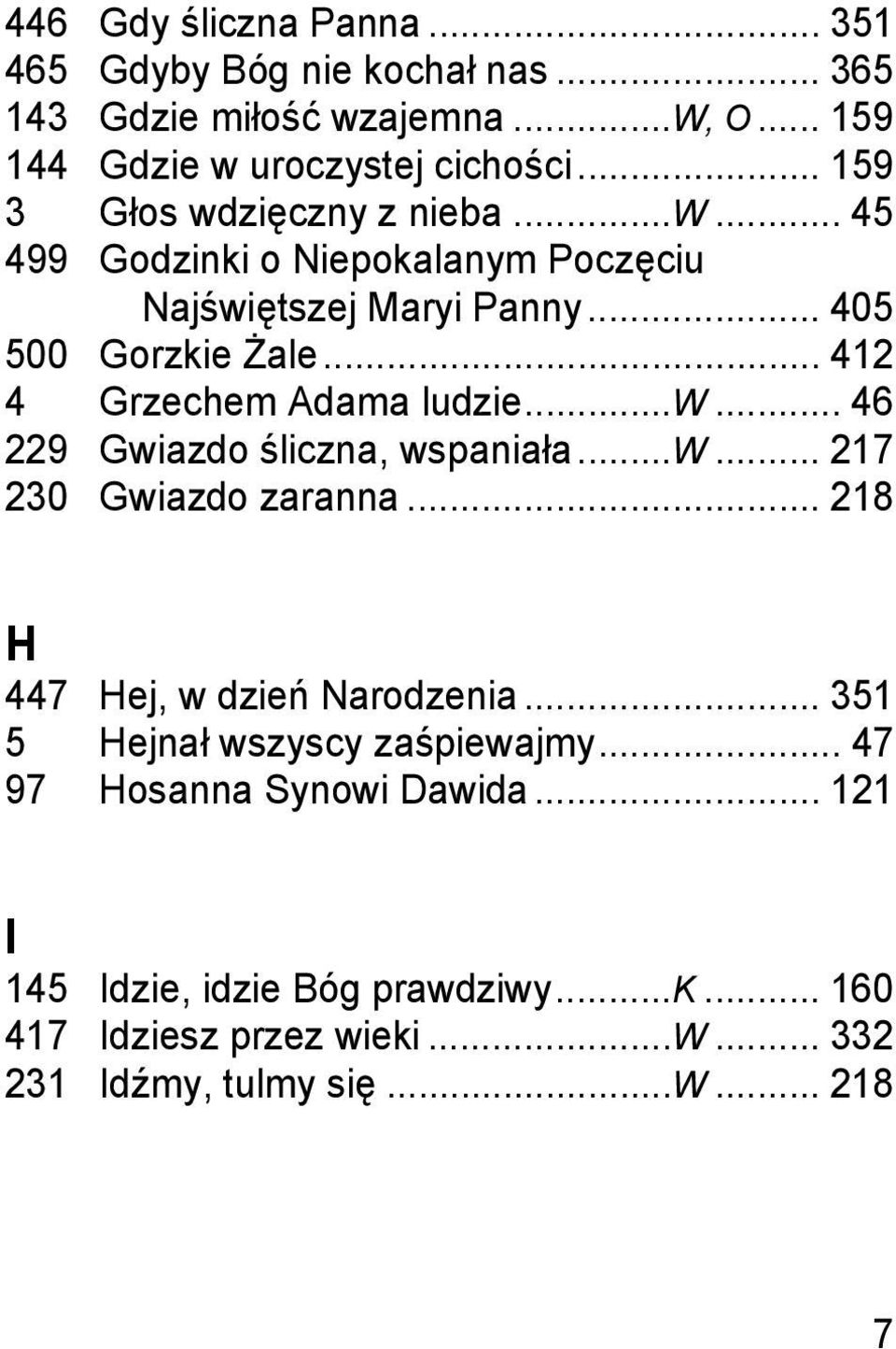 .. 412 4 Grzechem Adama ludzie...w... 46 229 Gwiazdo śliczna, wspaniała...w... 217 230 Gwiazdo zaranna... 218 H 447 Hej, w dzień Narodzenia.