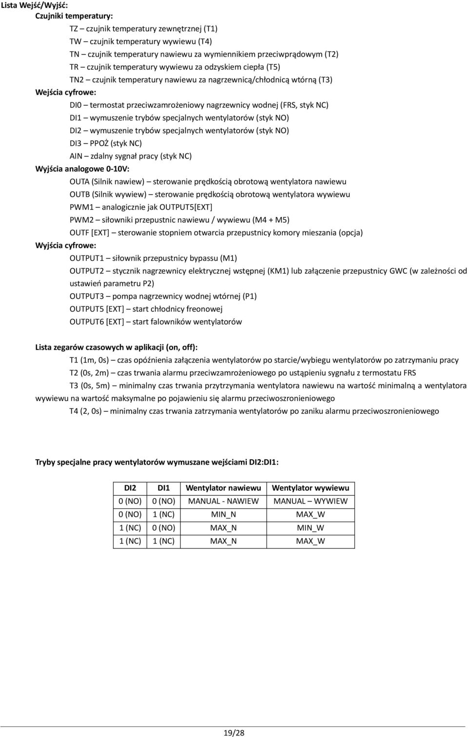 DI1 wymuszenie trybów specjalnych wentylatorów (styk NO) DI2 wymuszenie trybów specjalnych wentylatorów (styk NO) DI3 PPOŻ (styk NC) AIN zdalny sygnał pracy (styk NC) Wyjścia analogowe 0-10V: Wyjścia