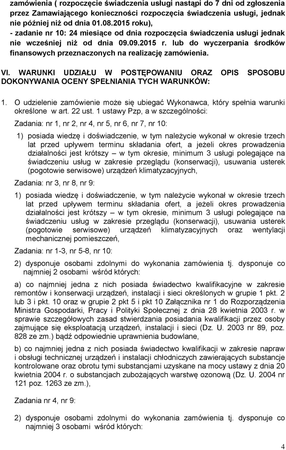 VI. WARUNKI UDZIAŁU W POSTĘPOWANIU ORAZ OPIS SPOSOBU DOKONYWANIA OCENY SPEŁNIANIA TYCH WARUNKÓW: 1. O udzielenie zamówienie może się ubiegać Wykonawca, który spełnia warunki określone w art. 22 ust.