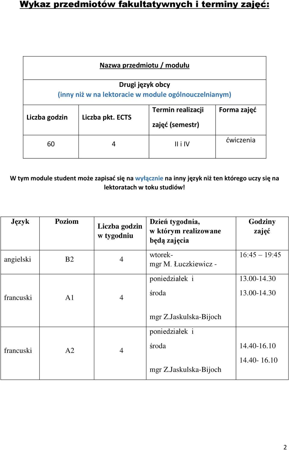 na lektoratach w toku studiów! w którym realizowane Godziny zajęć angielski B2 4 francuski A1 4 francuski A2 4 wtorekmgr M.