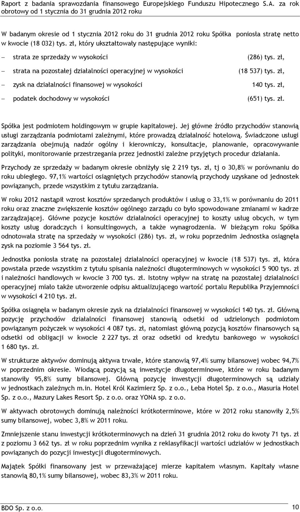 zł, zysk na działalności finansowej w wysokości 140 tys. zł, podatek dochodowy w wysokości (651) tys. zł. Spółka jest podmiotem holdingowym w grupie kapitałowej.