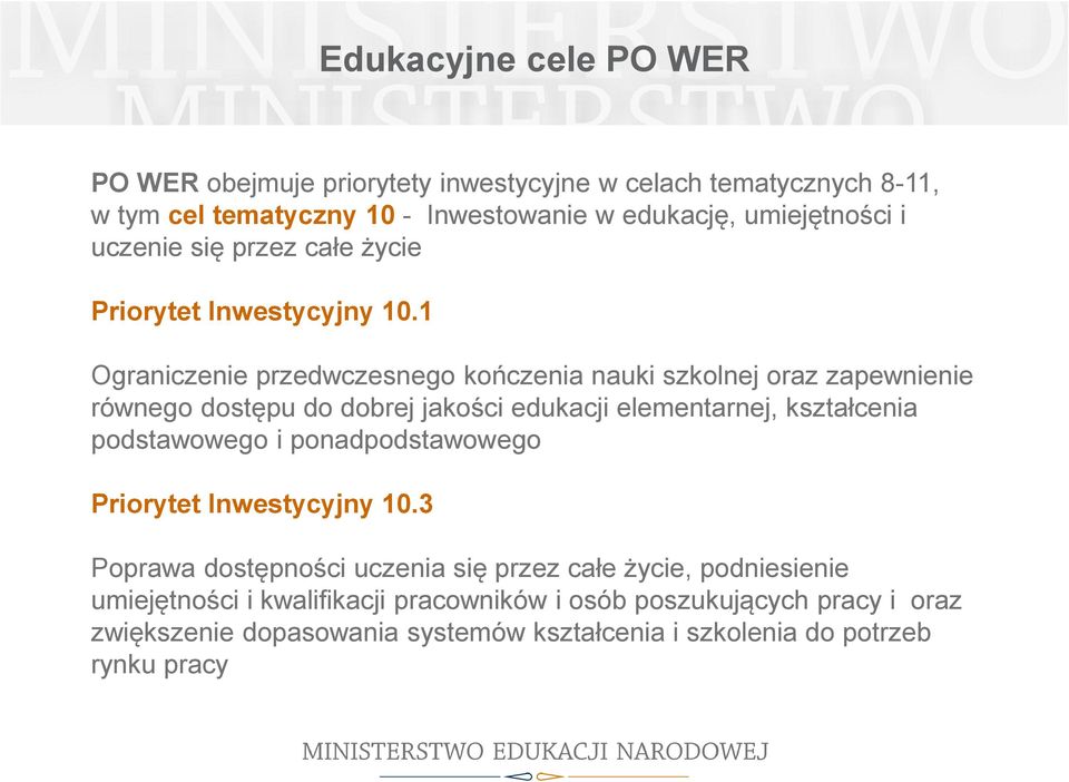 1 graniczenie przedwczesnego kończenia nauki szkolnej oraz zapewnienie równego dostępu do dobrej jakości edukacji elementarnej, kształcenia podstawowego i